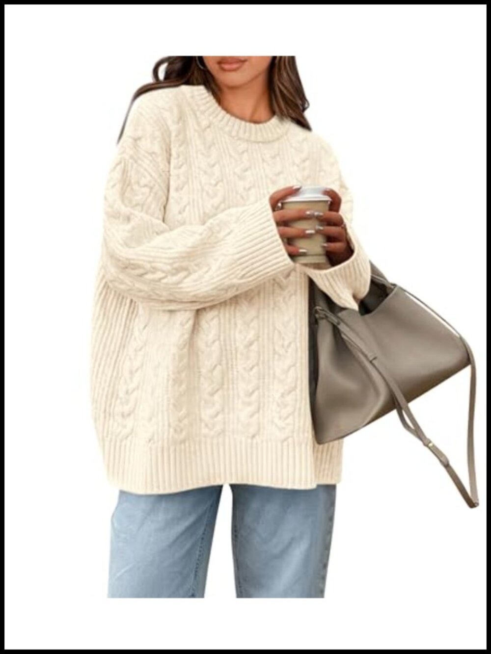 Womens Oversized Chunky Cable Knit Crew Neck Pullover Sweater